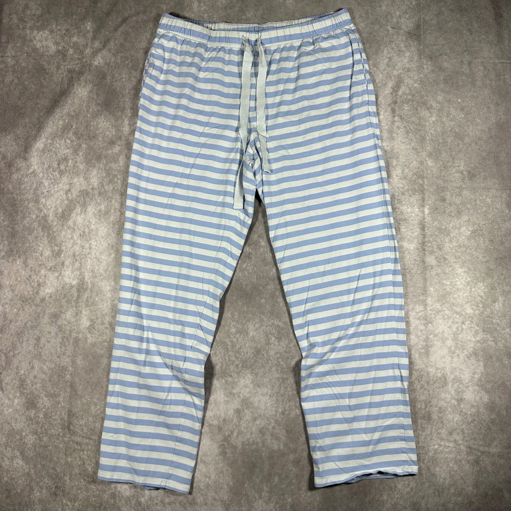 Lands End Womens Pajama Pants Medium Blue White Striped Cotton Blend Knit Sleep